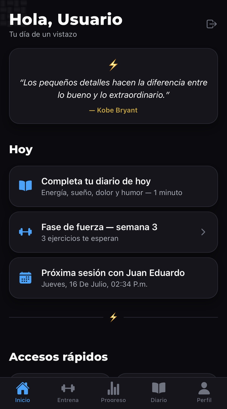 Pantalla de inicio de la app JE con resumen del día