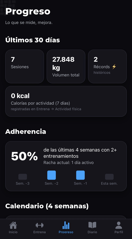 Pantalla de perímetros corporales de la app JE